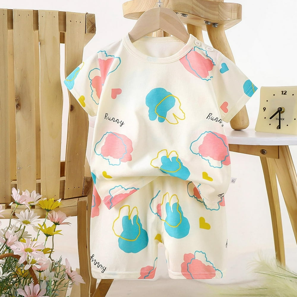 Boys Girls 2 Piece Outfits, Girl Short Set Cute T-Shirt Shorts, Summer Thin Round Neck Short Sleeved Set Home Clothes Cute Printed T-shirt+shorts 2 Years