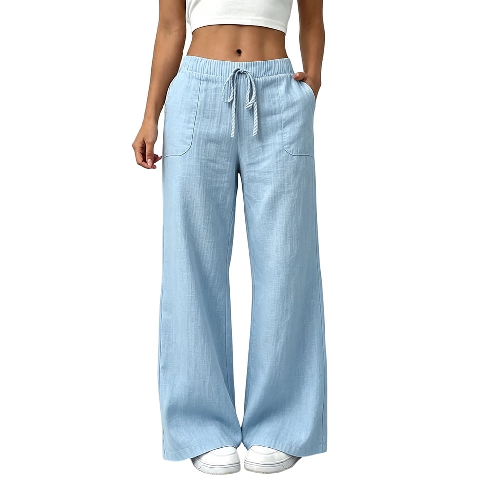 Women’s Wide Leg Drawstring Trousers Flowy Casual Loose Pants with Pockets Solid Long Palazzo Trousers Travel Work Lounge Outfits Fall Clothes, Light Blue XL