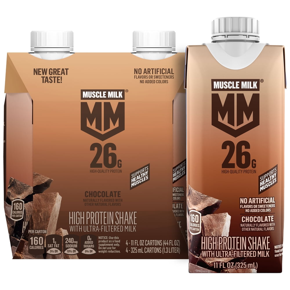 (3 pack) Muscle Milk 26g High Protein Shake, Chocolate, Ultra- Filtered Milk  11 fl oz, 4 pack