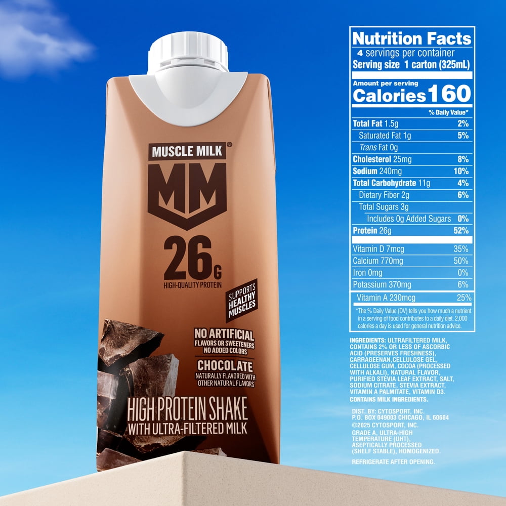 (3 pack) Muscle Milk 26g High Protein Shake, Chocolate, Ultra- Filtered Milk  11 fl oz, 4 pack