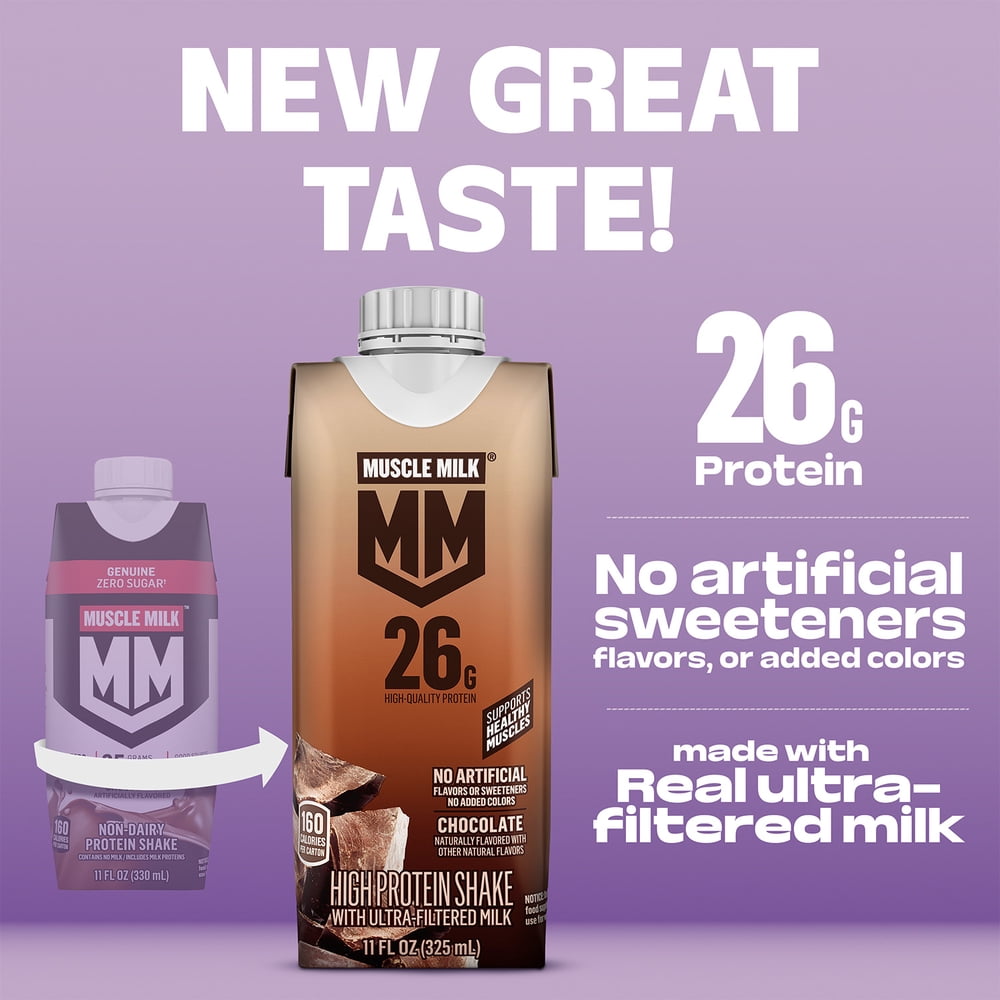 (3 pack) Muscle Milk 26g High Protein Shake, Chocolate, Ultra- Filtered Milk  11 fl oz, 4 pack