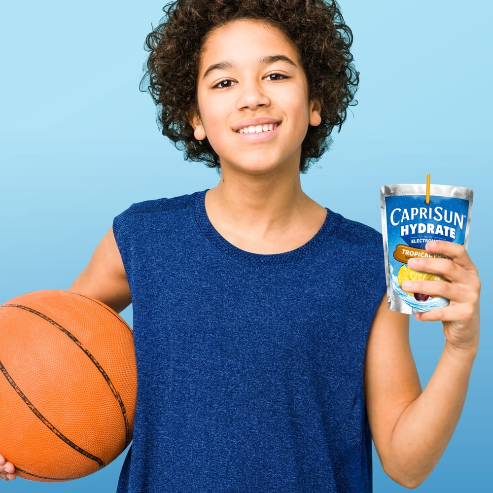 (4 pack) Capri Sun Hydrate with Electrolytes Flavored Drink with Other Natural Flavor, 10 Pouches, for On-the-Go Hydration and School Lunches, Tropical Punch, Good Source of Vitamin E, 6 oz