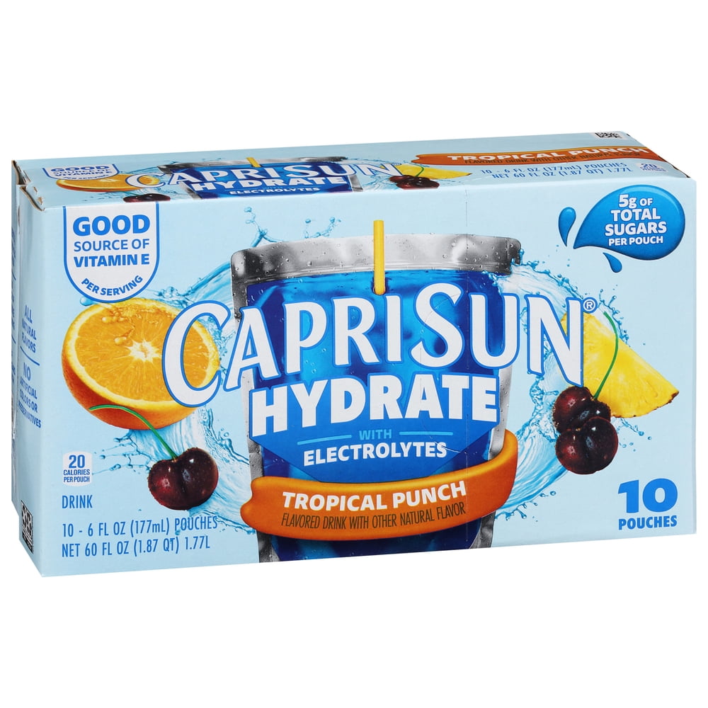 (4 pack) Capri Sun Hydrate with Electrolytes Flavored Drink with Other Natural Flavor, 10 Pouches, for On-the-Go Hydration and School Lunches, Tropical Punch, Good Source of Vitamin E, 6 oz