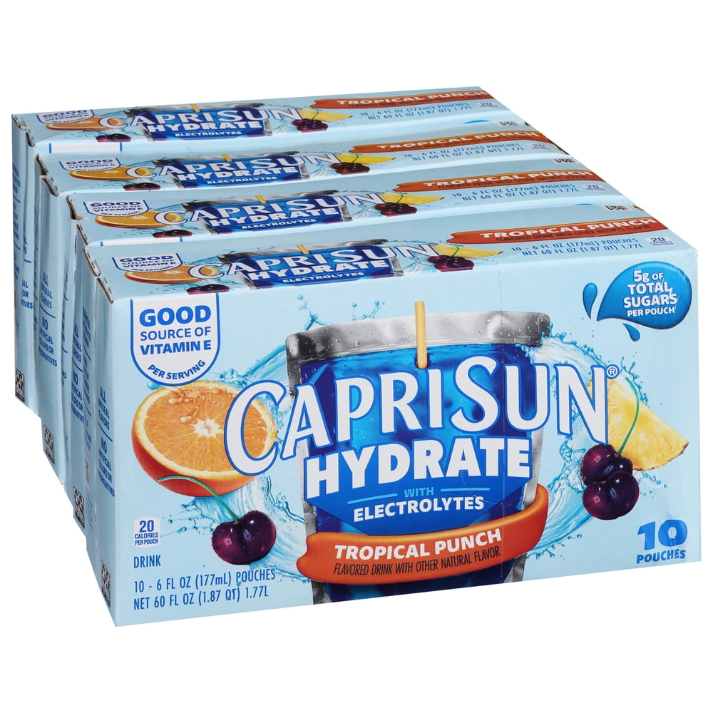 (4 pack) Capri Sun Hydrate with Electrolytes Flavored Drink with Other Natural Flavor, 10 Pouches, for On-the-Go Hydration and School Lunches, Tropical Punch, Good Source of Vitamin E, 6 oz