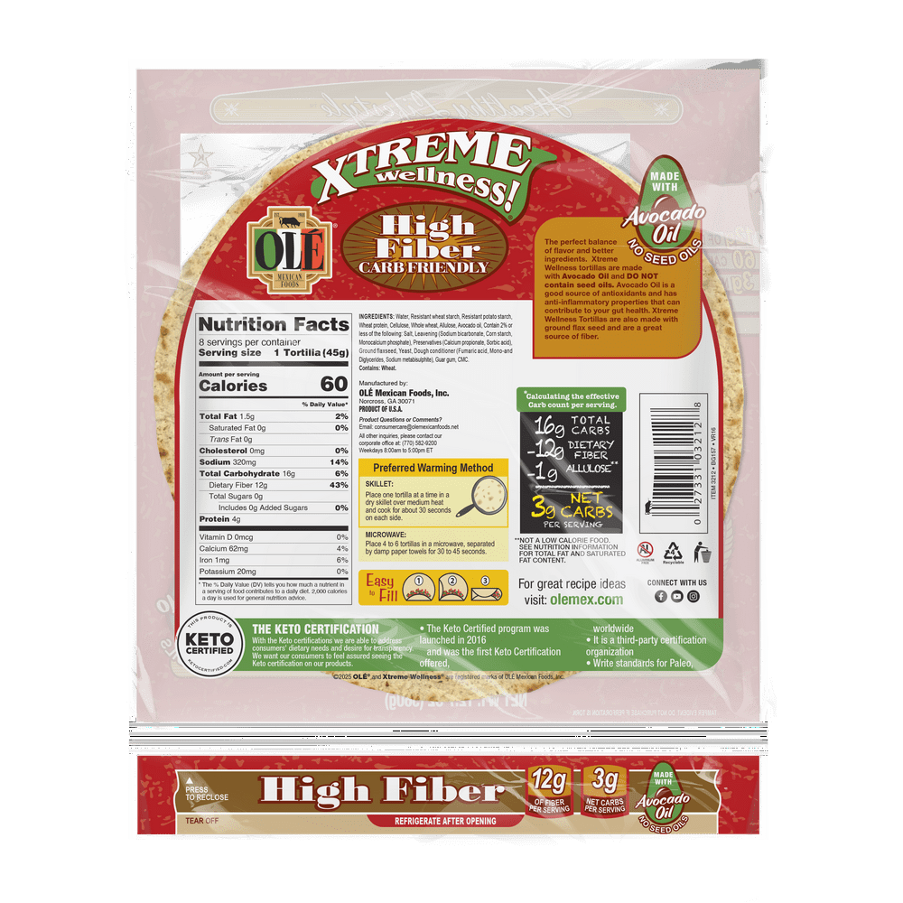 Olé Mexican Foods Xtreme Wellness High Fiber Keto Certified Flour Tortilla Wraps, 12.7 oz, 8 Count